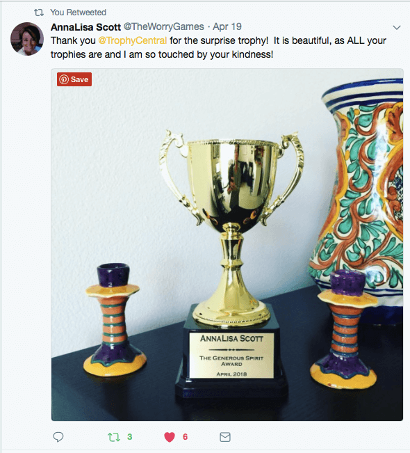 Tweet from AnnaLisa Scott, Trophy Central's Random Acts of Trophy-ness award winner